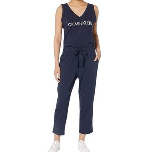 Calvin Klein Rhinestone Logo V-neck Sleeveless Jumpsuit Romper Blue Jersey L